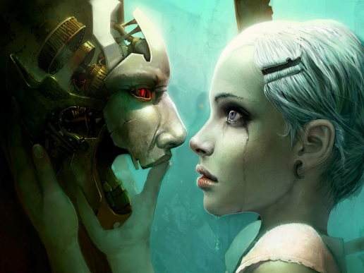 Fantasy Girl with White Hair and Robot